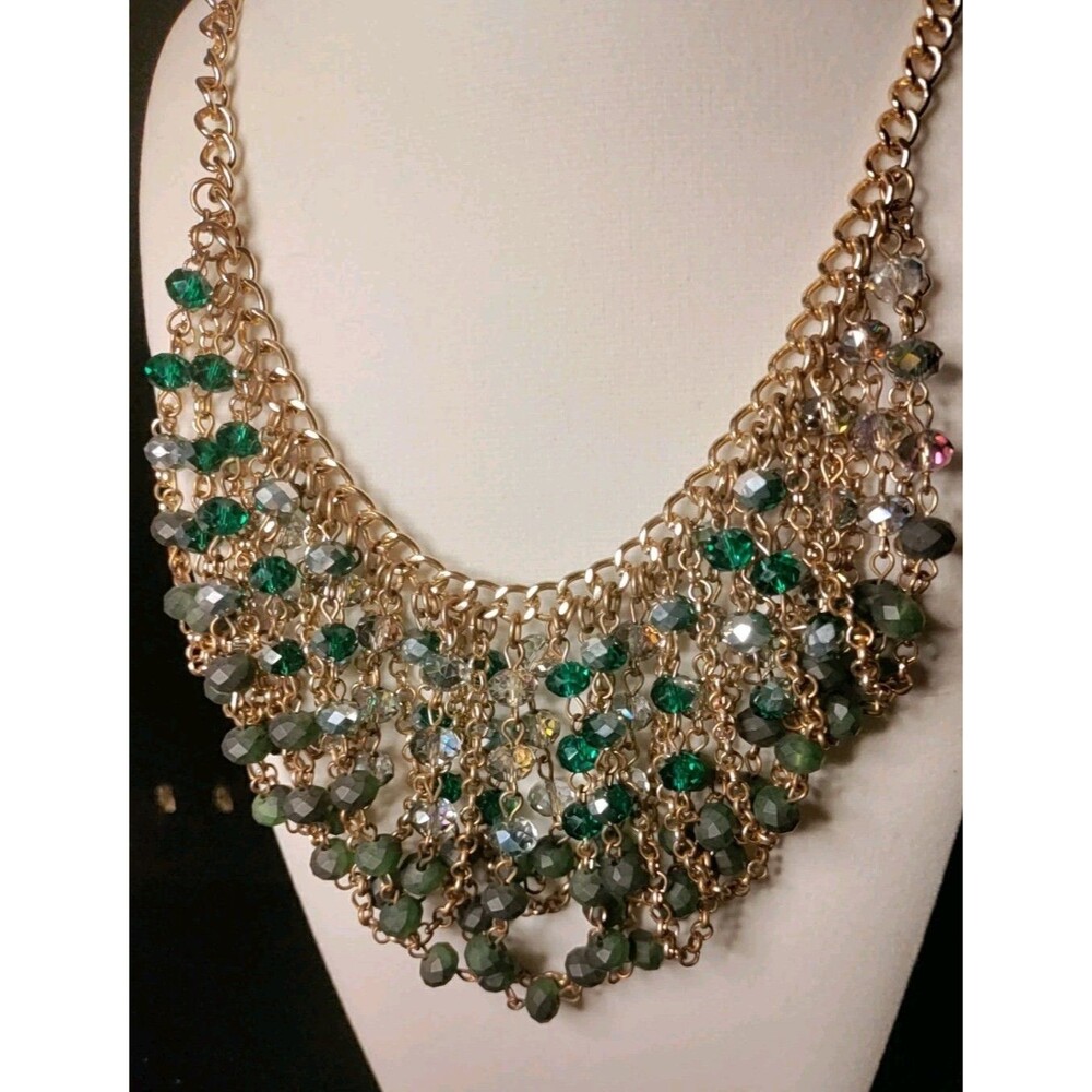 Green & AB  Beaded Gold Tone Chain Statement Bib Necklace Chunky Necklace